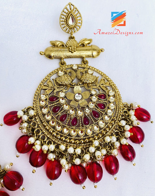 Maroon Ruby Kundan Oversized Earrings