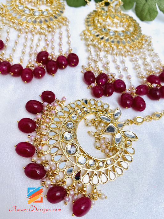 Maroon Ruby Mirror Earrings Tikka Set