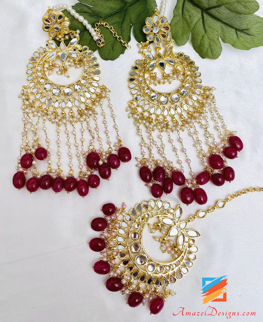 Maroon Ruby Mirror Earrings Tikka Set