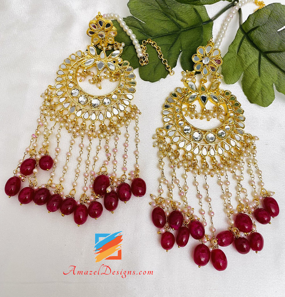 Sky Blue Pearl Kundan Meenakari Huge Earrings Tikka Set - Charming Jewelry  - 3630632