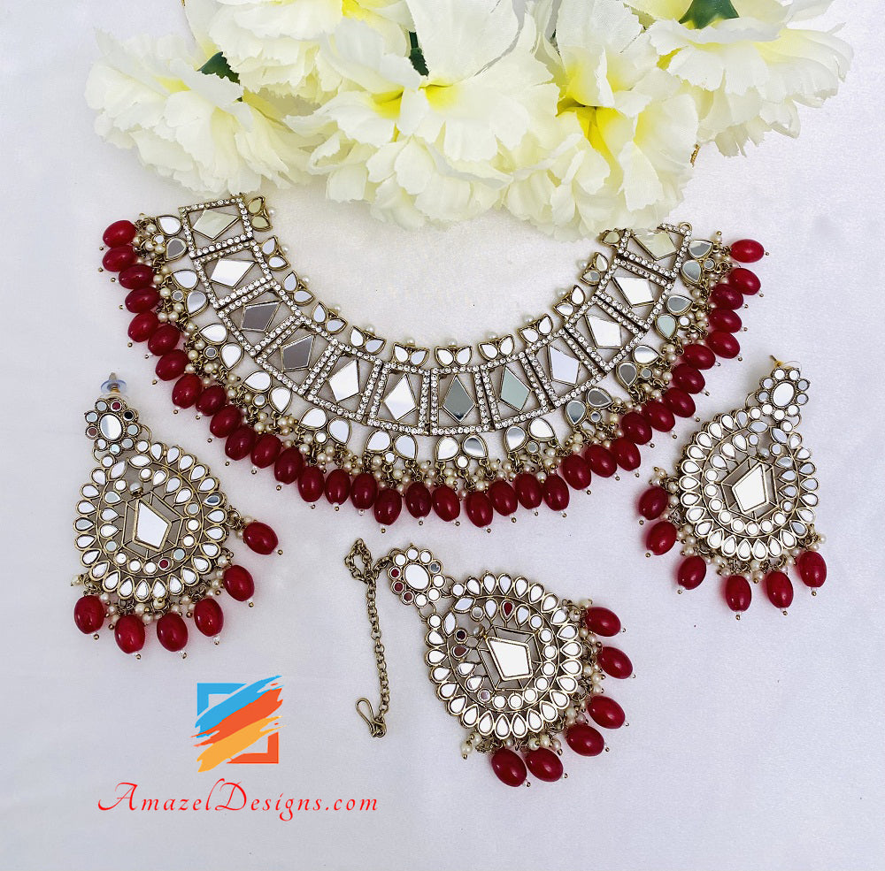 Maroon Ruby Mirror Necklace Earrings Tikka Set