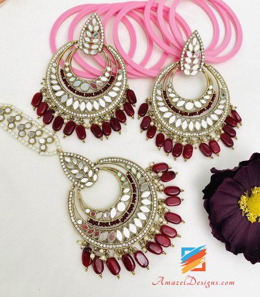 Maroon Ruby Mirror Oversized Earrings Tikka Set