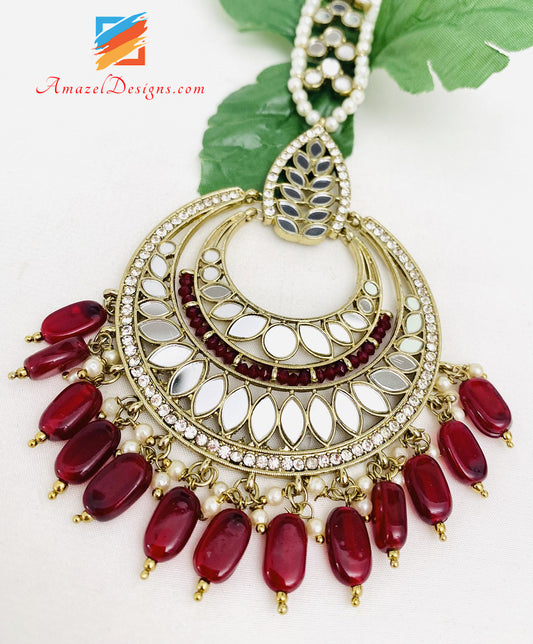 Maroon Ruby Mirror Oversized Earrings Tikka Set