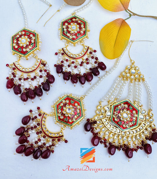 Maroon Ruby Painted Kundan Earrings Tikka Passa Set