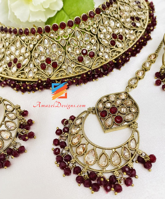 Maroon Ruby Polki Flexible Necklace Earrings Tikka Set