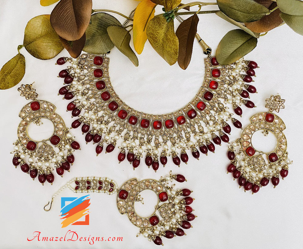 Maroon Ruby Polki Monalisa Necklace Earrings Tikka Set