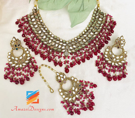 Maroon Ruby Sheesha Leggero Collana Orecchini Tikka Set 