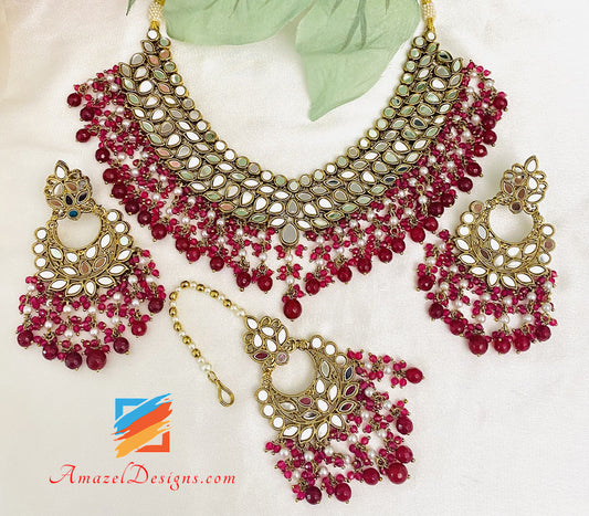 Maroon Ruby Sheesha Lightweight Necklace Earrings Tikka Set