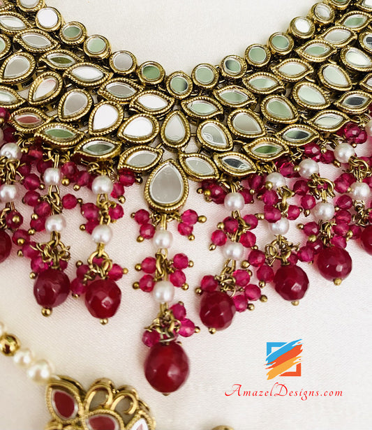 Maroon Ruby Sheesha Lightweight Necklace Earrings Tikka Set