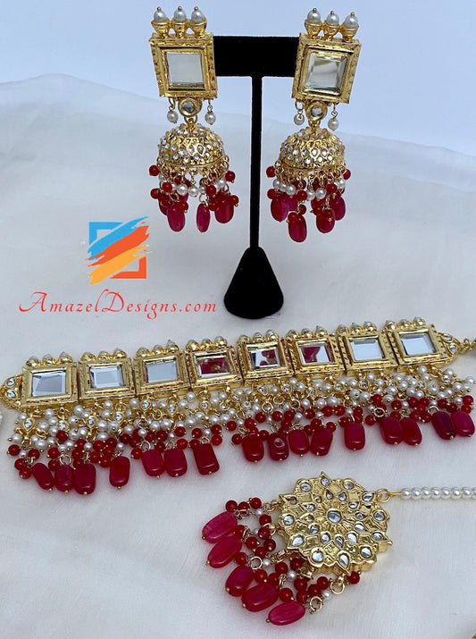 Maroon Sheesha Choker Jhumki Tikka Set