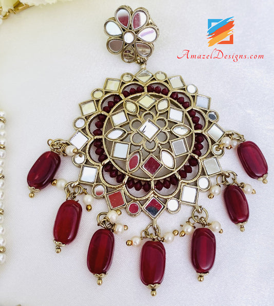 Maroon Sheesha Earrings Tikka Set