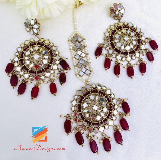 Maroon Sheesha Earrings Tikka Set