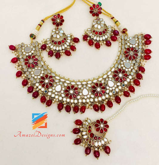 Maroon Sheesha Necklace Earrings Tikka Set