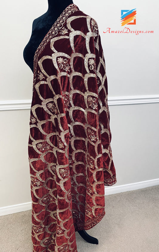 Maroon Tilla Sippi Sitara Velvet Shawl