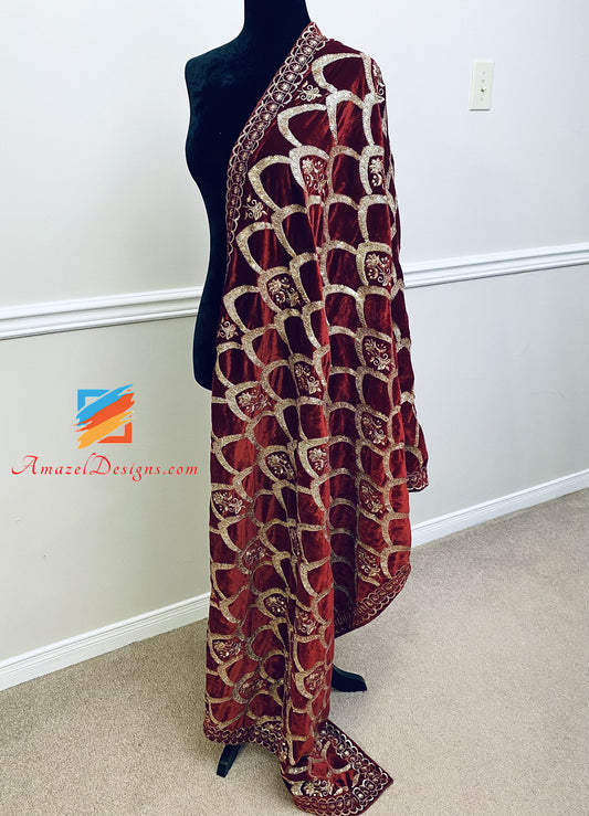 Maroon Tilla Sippi Sitara Velvet Shawl