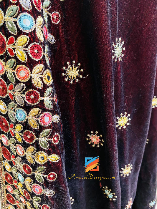 Maroon Velvet Multicoloured Thread Mirror Tilla Work Shawl