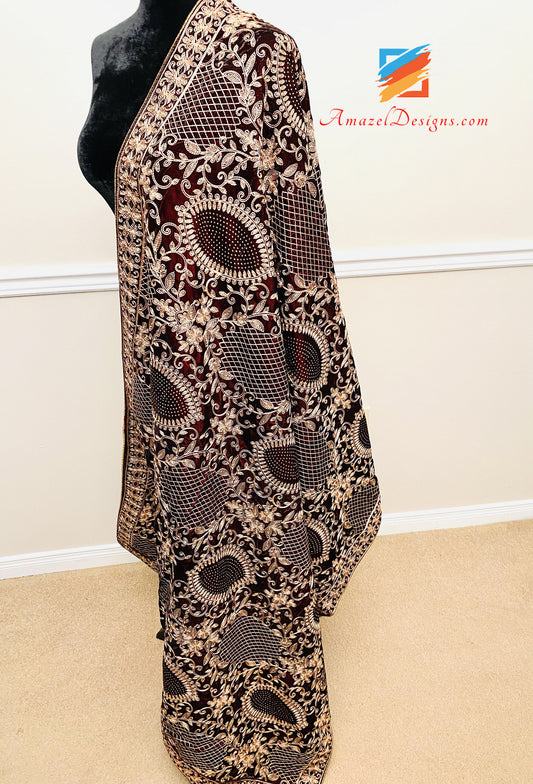 Maroon Velvet Shawl With All Over Thread And Sequins Work
