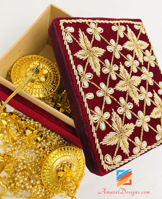 Maroon Velvet Tilla Dabka Kaleera Box