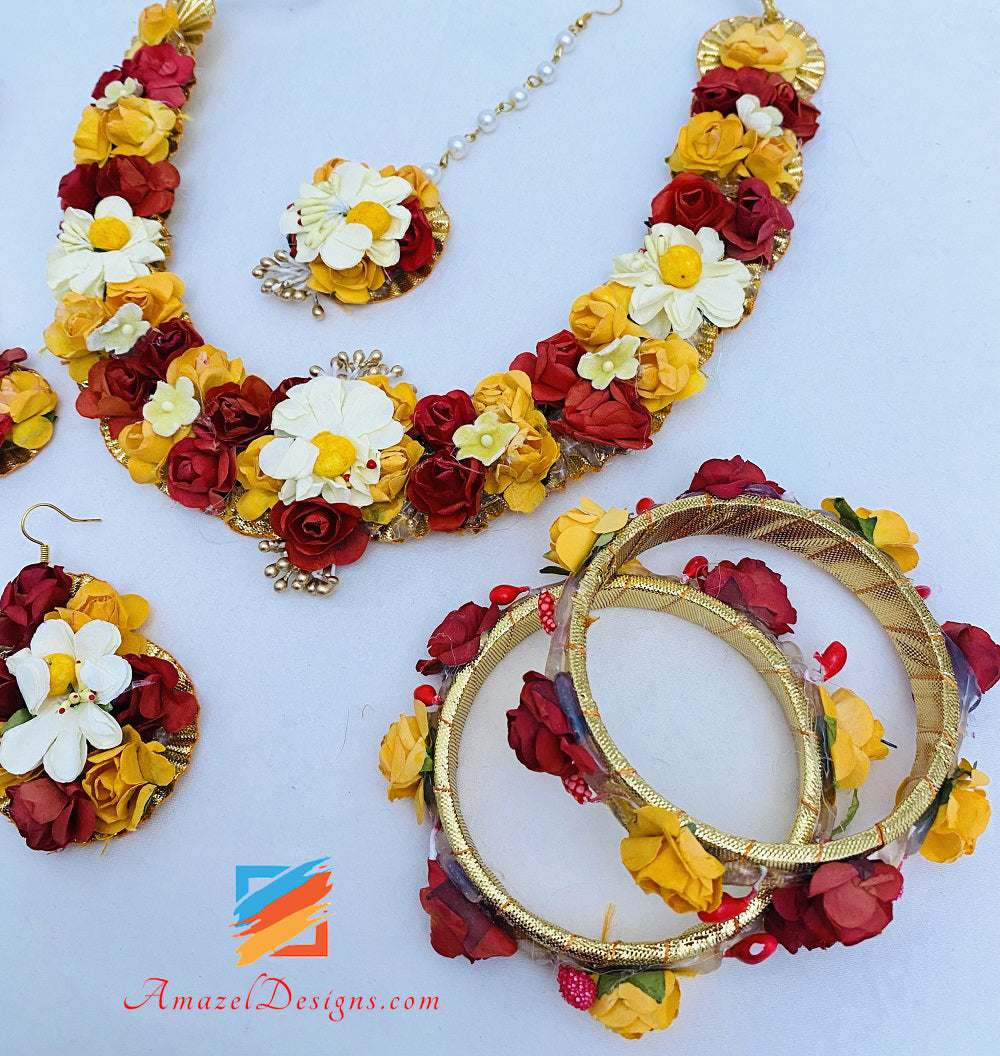 Maroon Yellow Necklace Passa and Tikka Flower Set