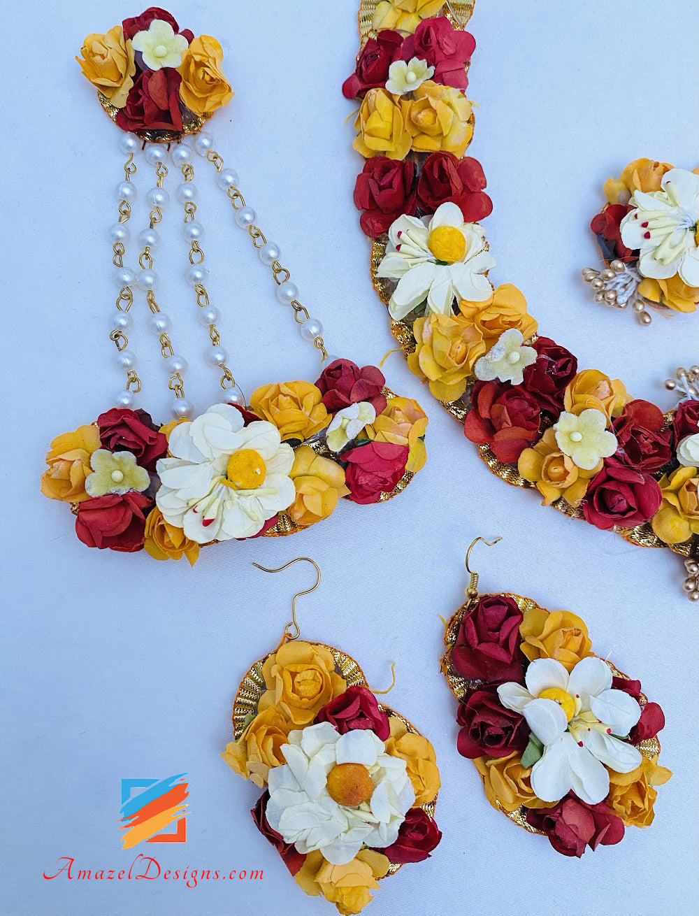 Maroon Yellow Necklace Passa and Tikka Flower Set