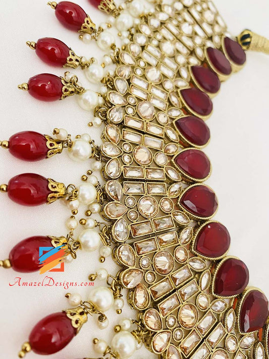 Maroon(Ruby) High Quality Polki Monalisa Necklace Earrings Tikka Set