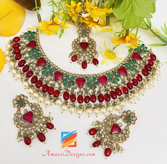 Maroon (Ruby) Polki Monalisa Collana Orecchini Set Tikka 