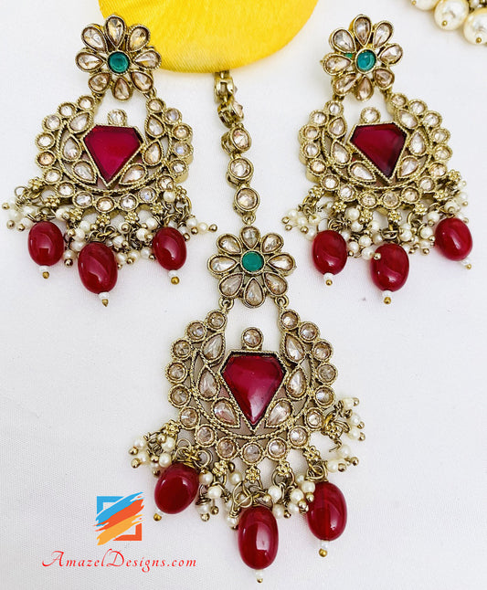 Maroon (Ruby) Polki Monalisa Collana Orecchini Set Tikka 