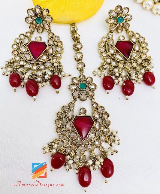 Maroon (Ruby) Polki Monalisa Necklace Earrings Tikka Set