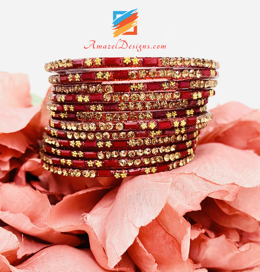 Maroon Touch Of Golden And Stones Glads Bangles