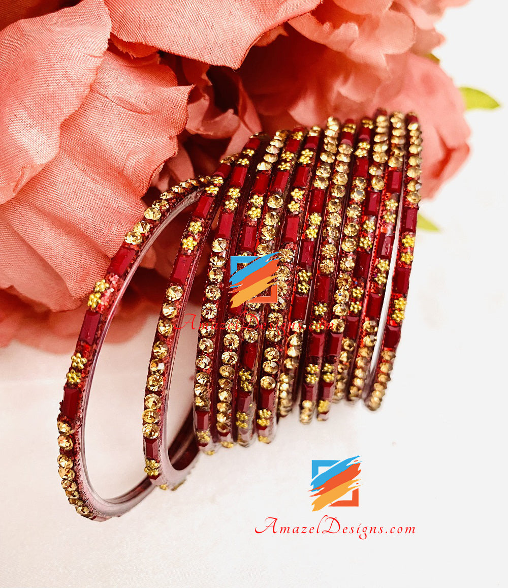 Maroon Touch Of Golden And Stones Glads Bangles