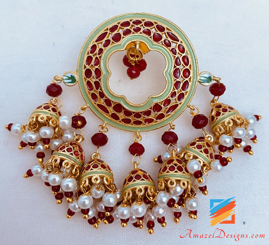 Maroon With Dark Magenta Beads Studs Tikka Set