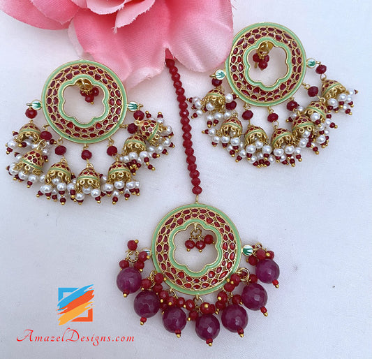 Maroon With Dark Magenta Beads Studs Tikka Set