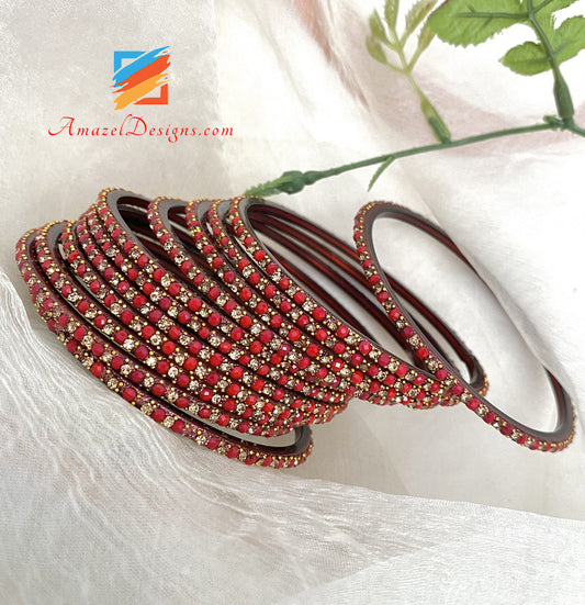 Maroon Glass Bangles With Stones