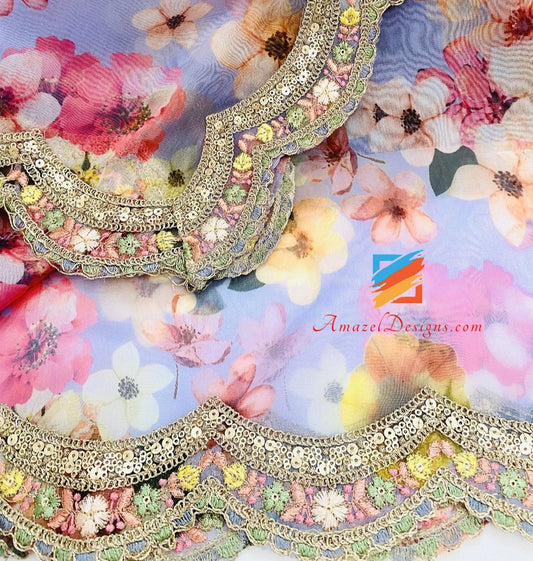 Mauve (Light Purple) Organza Printed Four Sided Cutwork Lace