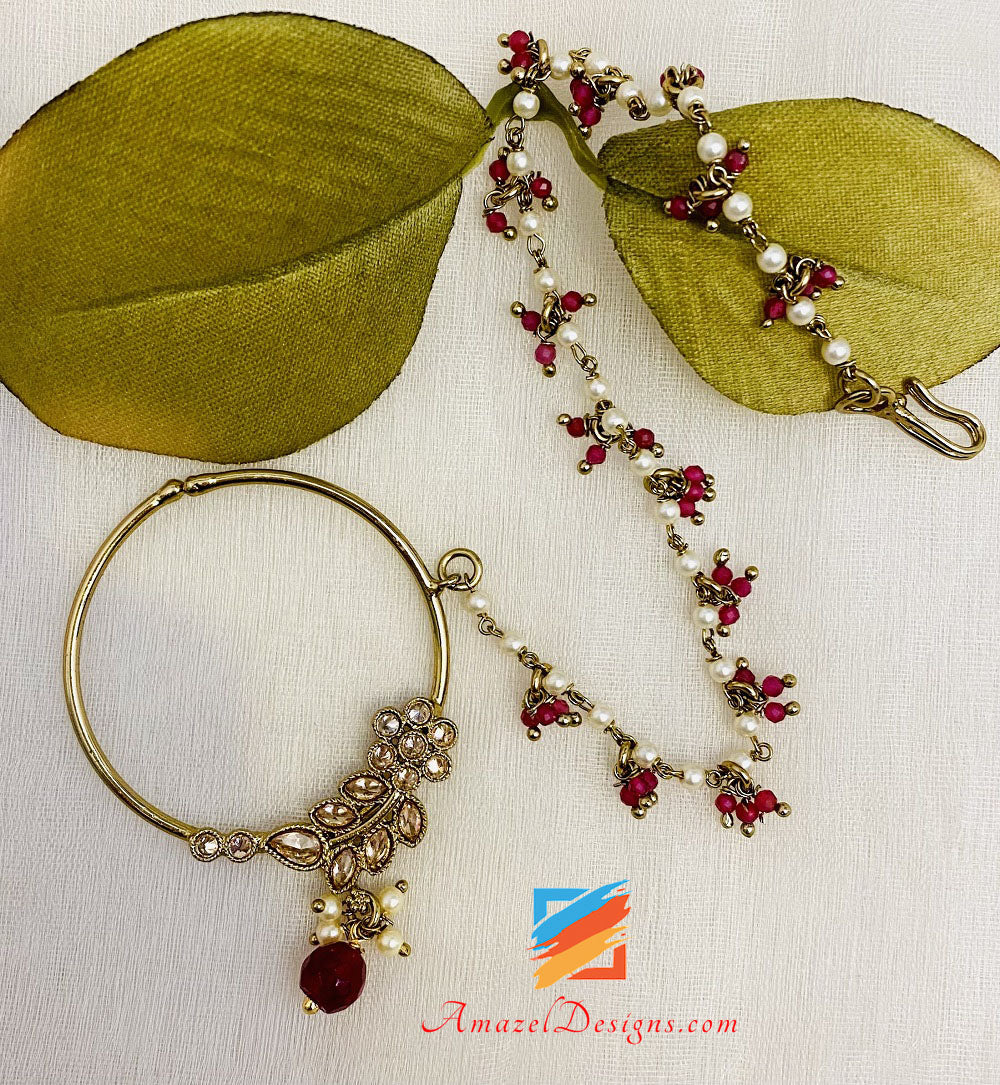 Medium Polki Nath With Red Beads And Chain