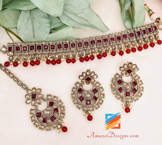 Maroon Choker Necklace Earrings Tikka Set