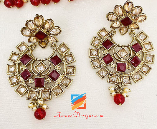 Maroon Choker Necklace Earrings Tikka Set