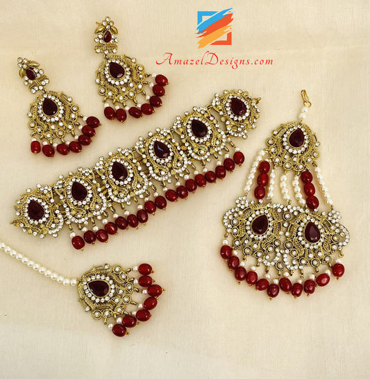 Mehroon Choker Necklace With Passa Earrings And Tikka Set