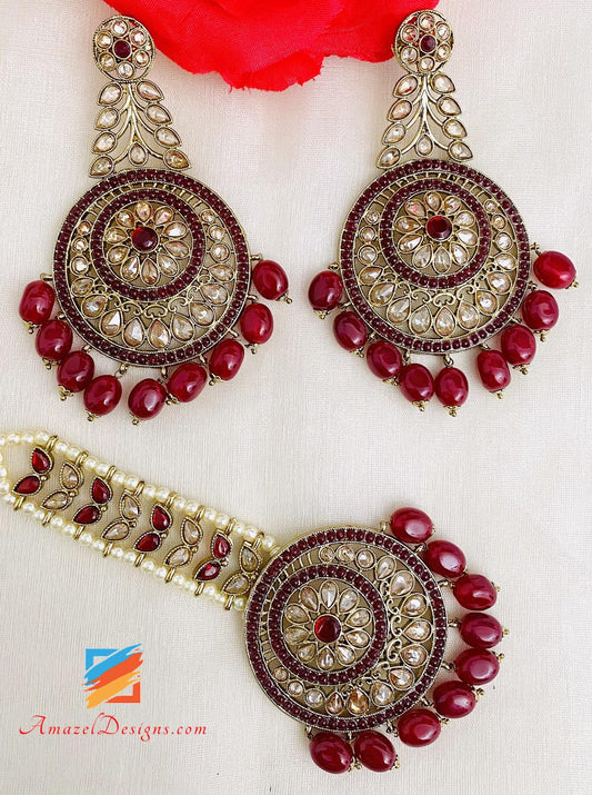 Mehroon Polki Earrings Tikka set