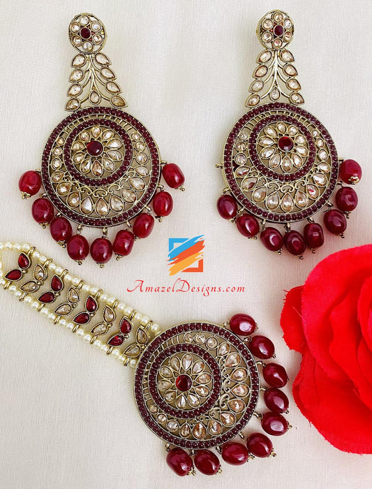 Mehroon Polki Earrings Tikka set