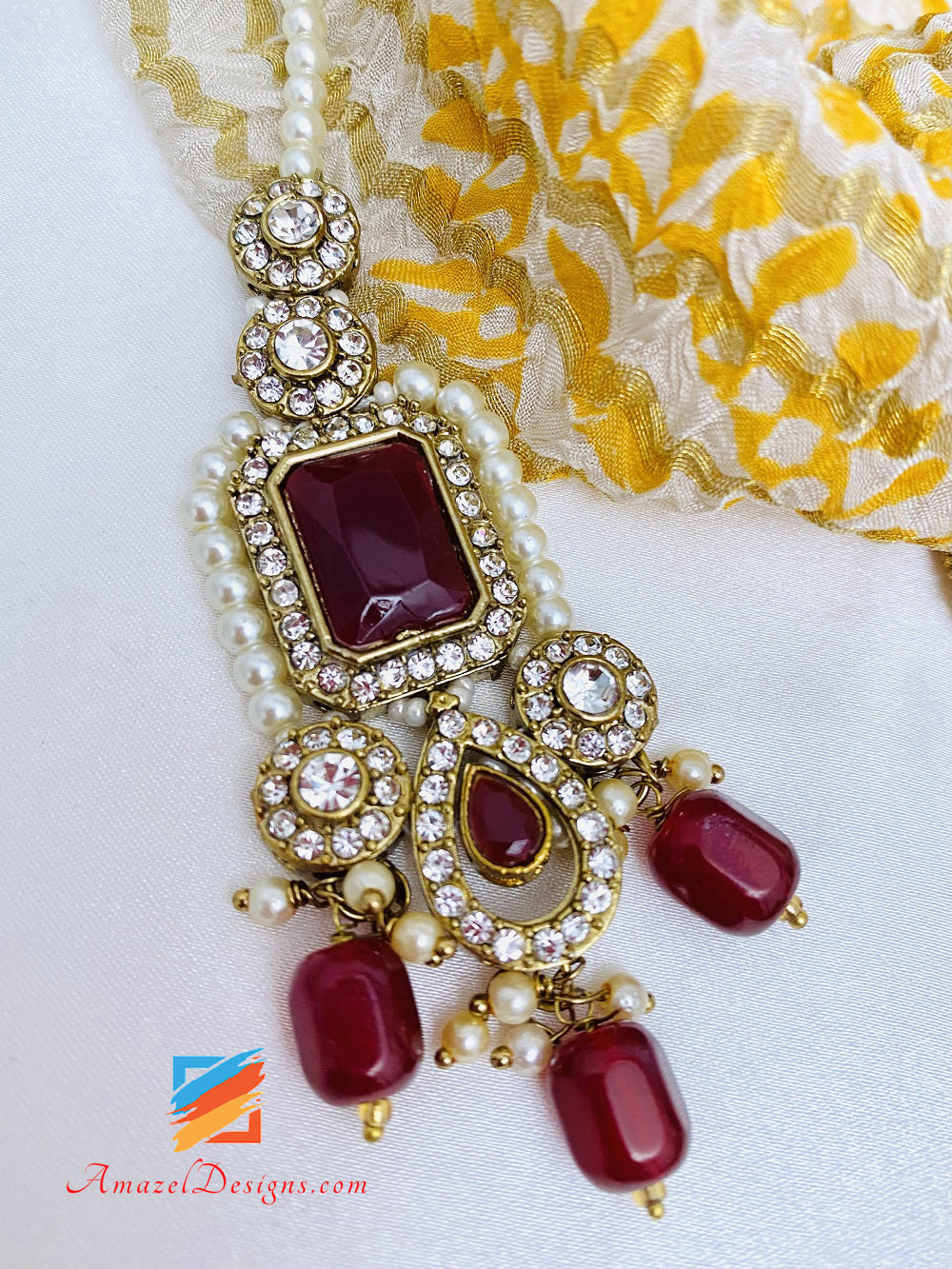 Maroon Ruby Choker Necklace Earrings Tikka And Passa Set