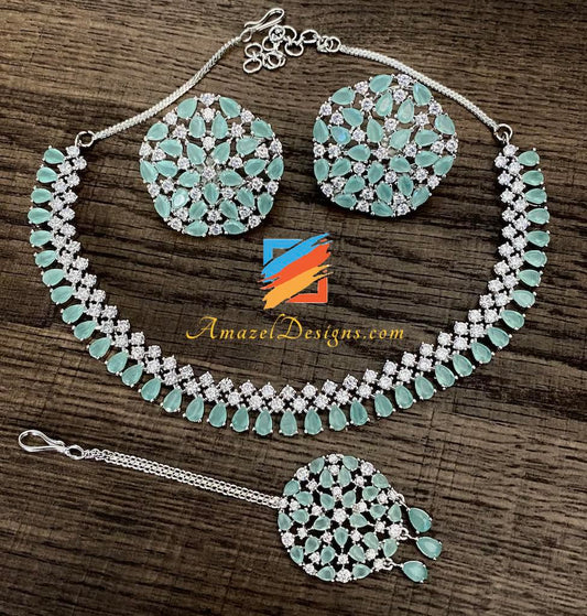 Mint AD American Diamond Halskette Stud Tikka Set