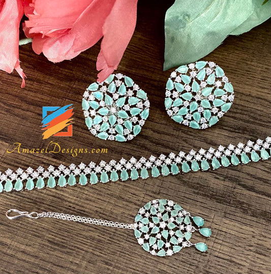 Mint AD American Diamond Necklace Stud Tikka Set