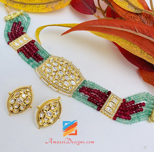 Hochwertiges Mint-Choker-Halsketten-Ohrstecker-Kundan-Set 