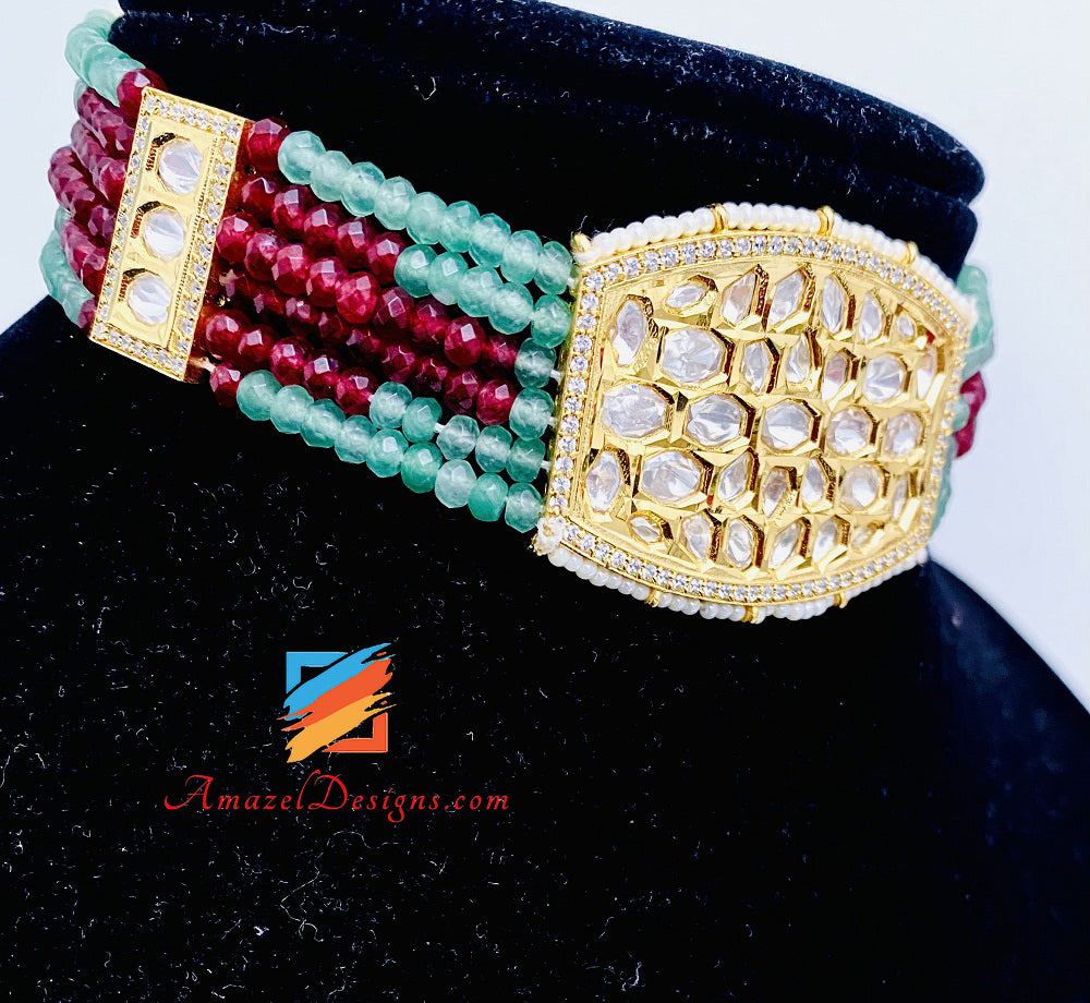 High Quality Mint Choker Necklace Studs Earrings Kundan Set