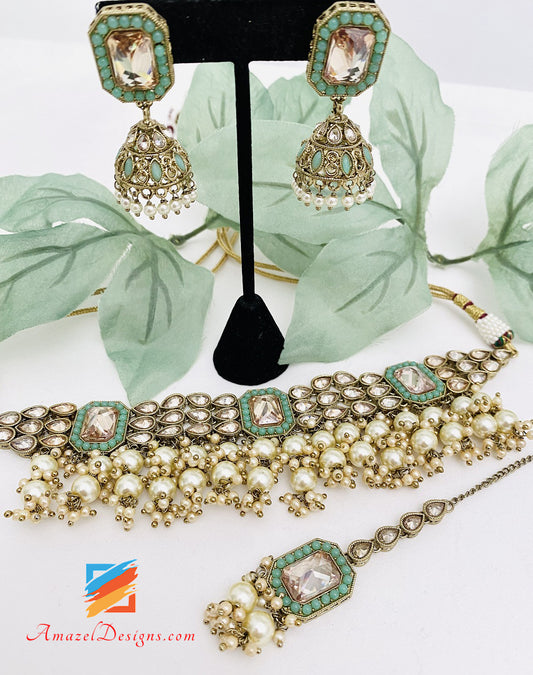 Mint Choker with Hanging Beads Jhumki Earrings Tikka Set