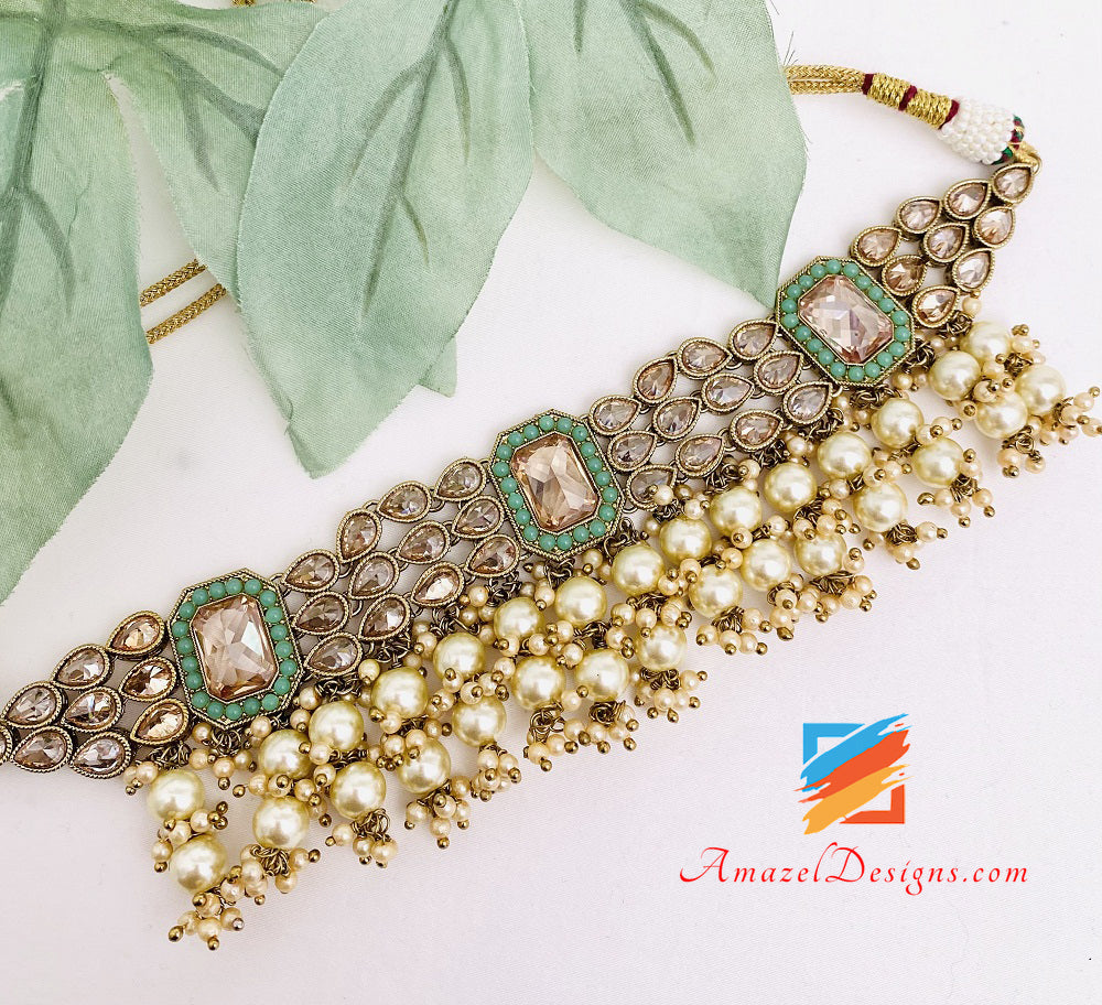 Mint Choker with Hanging Beads Jhumki Earrings Tikka Set