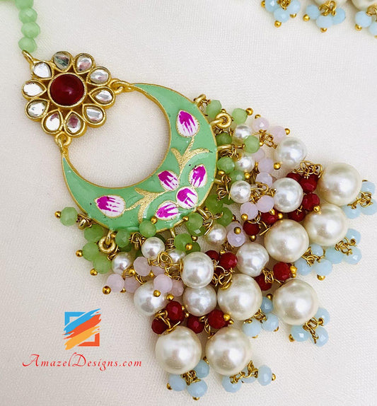 Mint Hand Painted Earrings Tikka Set