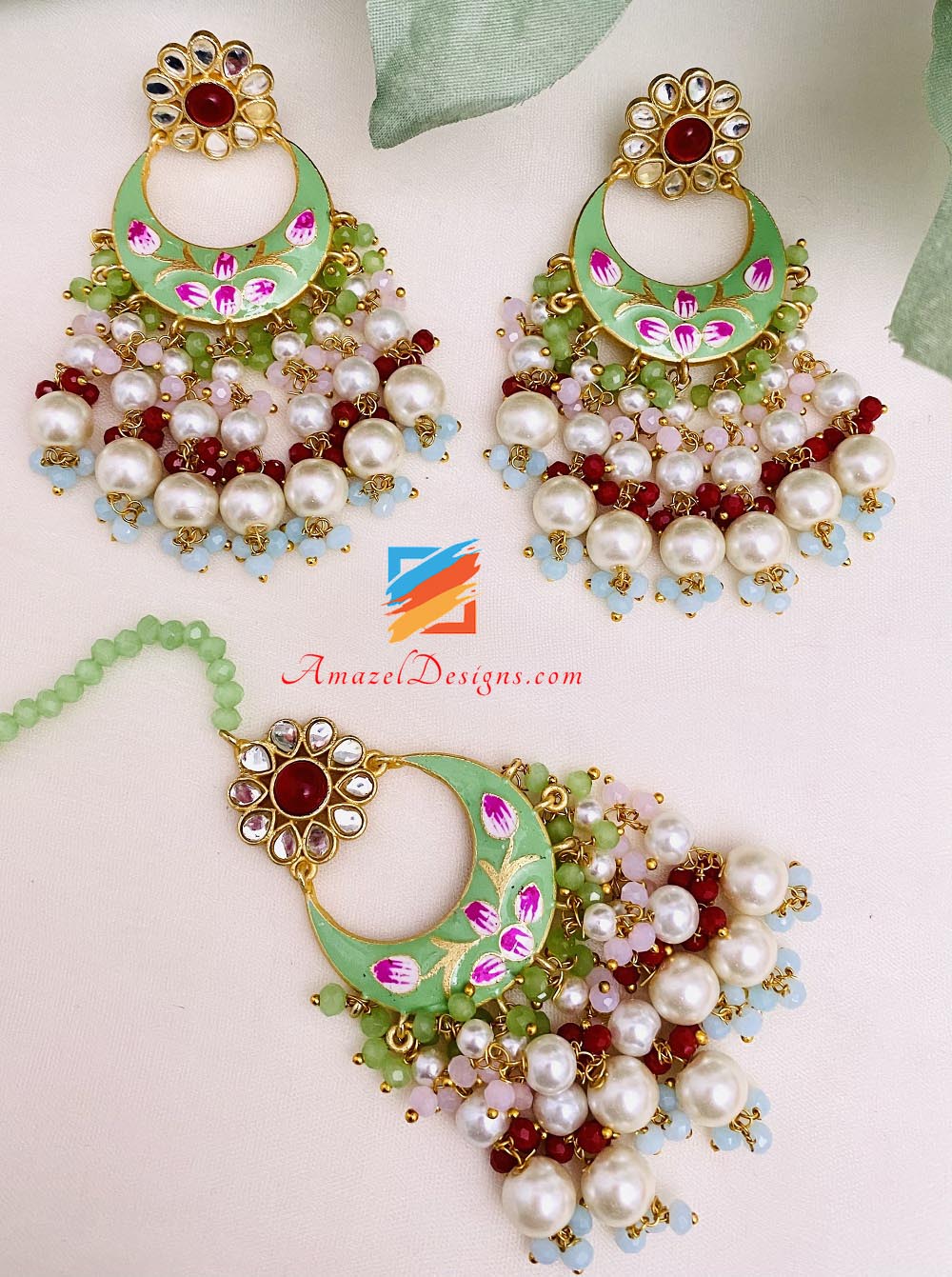 Mint Hand Painted Earrings Tikka Set
