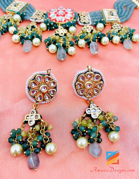 Mint Hand Painted Meenakari Necklace And Earrings Set